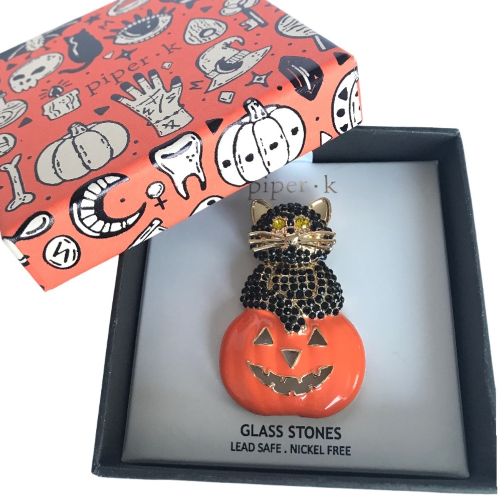 Viral Piper K Halloween Black Cat Brooch With Glass Stones New In Box